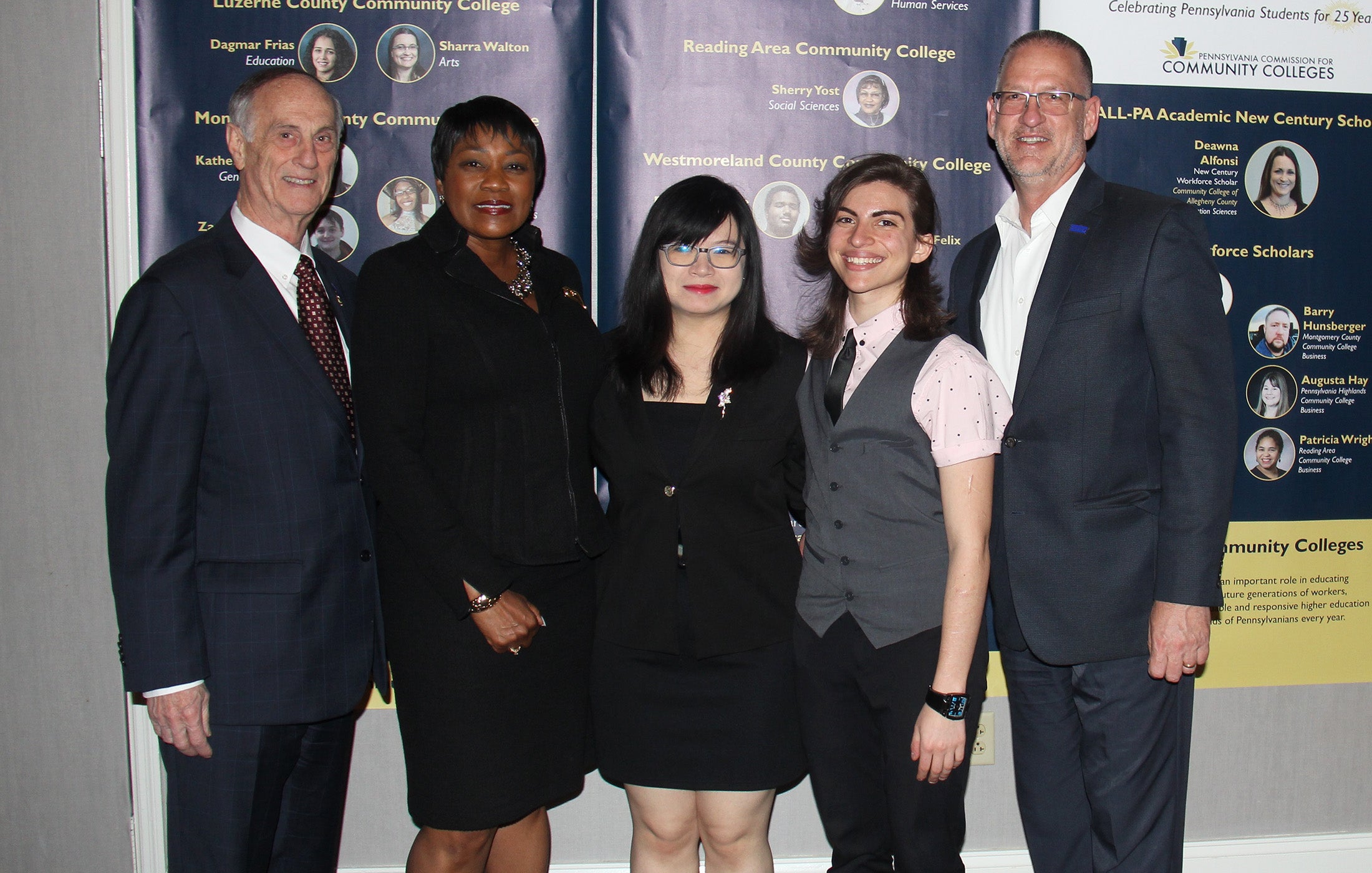 Delaware County Community College Board of Trustees Chair Donald Heller, President Dr. L. Joy Gates Black, All-PA Scholar Zun Phyu Thant, All-PA and Coca-Cola Silver Scholar Em Mirra, and Trustee Michael Ranck