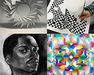 Image depicts four examples of Delaware County Community College student artwork