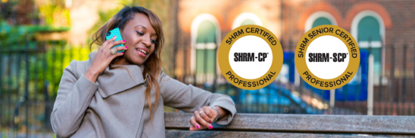 Image of a woman on a bench with SHRM logos