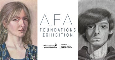 Foundations Exhibition banner, two portraits.