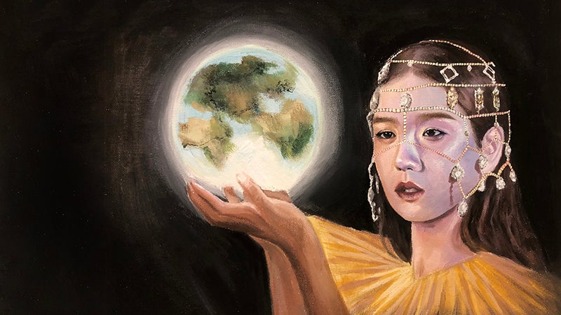 Painting of girl holding the earth