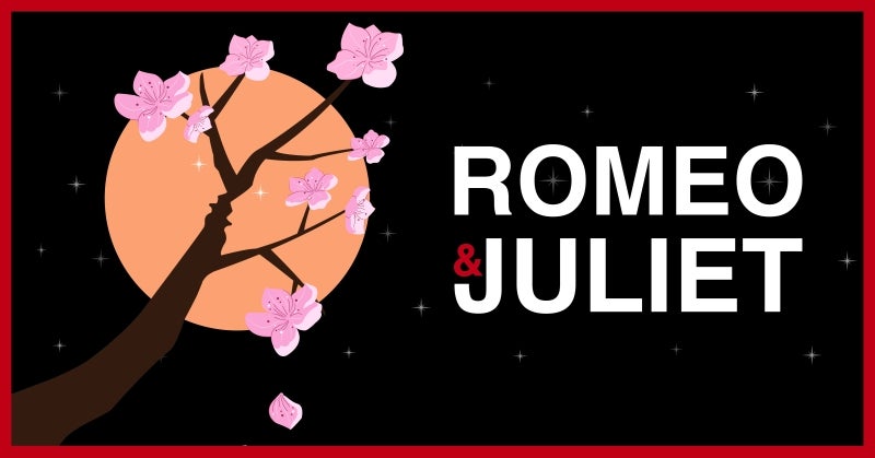 Romeo and Juliet with tree with pink flowers against a full moon.