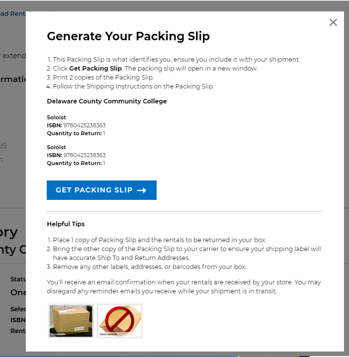 Screenshot showing pop-up to generate return label