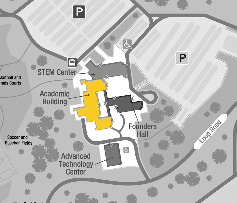 Building map highlighting the Academic building.