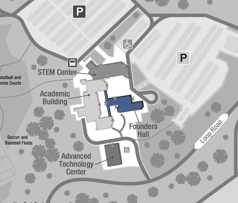 Building map highlighting the Founders Hall building.