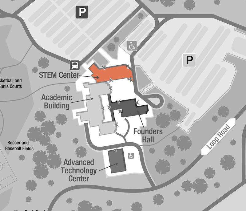 Building map highlighting the STEM Center Building.