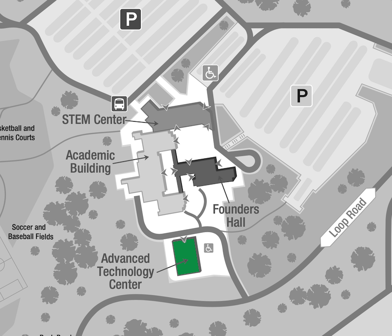Building map highlighting the Jerome S. Parker Advanced Technology Center Building.