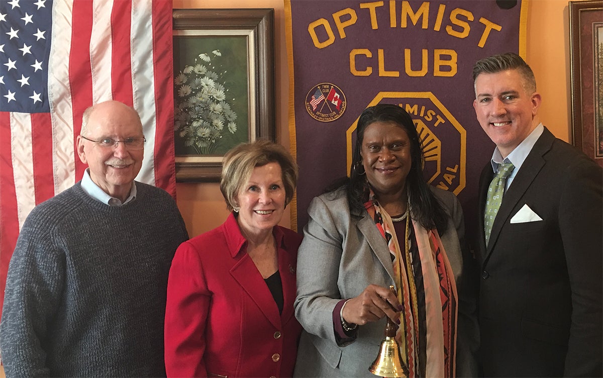 Madeline Somerville-Reeves, a professor and counselor at Delaware County Community College, is the recipient of the 2018 Rose Tree Media Optimist Achievement in Education Teacher Award. Shown in the photo are from left: Optimist Club Member Dr. Joseph Haviland, Associate Professor of Teaching/Instructional at Temple University; Delaware County Community College’s Acting Provost Mary Jo Boyer; Somerville-Reeves; and Mitchell Murtha, dean of Counseling and Completion Services at Delaware County Community College.
