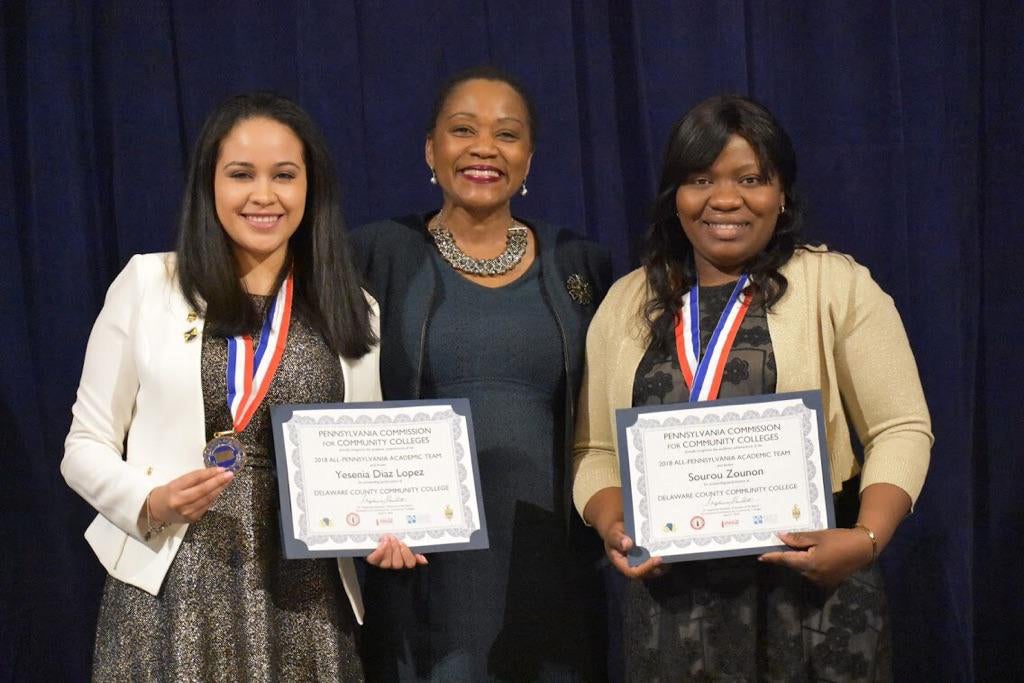 President Dr. L. Joy Gates Black (center) with All-PA students (from left) Yesenia Diaz (Lopez) and Sourou Mariettte Carolle Zounon of Delaware County Community College