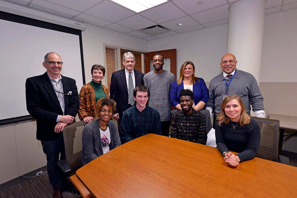 Six Delaware County Community College students will spend 26 days in China thanks to a special partnership with Widener University. From left to right, sitting: Students Angelique Nobles, John Kearney, Montrose Jennings and Katherine Strine. Standing: Assistant Professor Francesco Bellini; Fran Cubberley, Vice President of Enrollment Management; Dr. Jerry Parker, President; Khadeem Ambrose, student; Helen Maguire, Administrative Assistant, International Programs and Provost’s Office; and Dr. Sabuur Abdul-Kareem, Director of International Programs and Partnerships. Not pictured: Student Andrew Rossi.