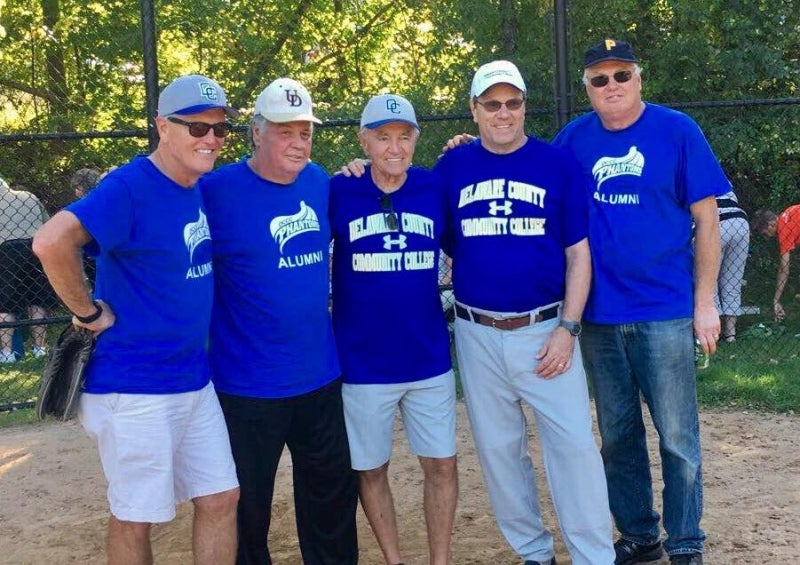 Baseball alumni Fred Felter '71, Bob Abel '72, Coach Paul Motta (Center) Don Doughtery '72, and Sam Peppelman '71 attended a team reunion in Spring 2018.