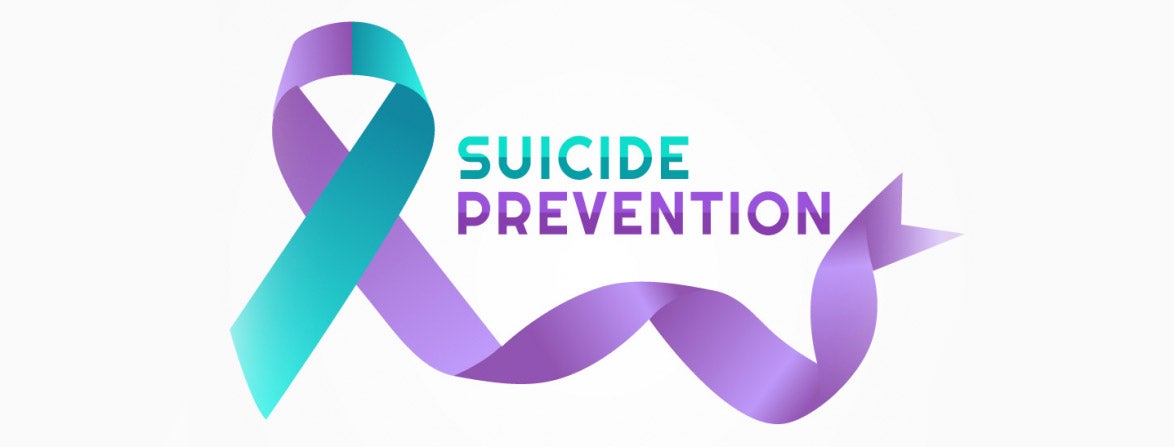 Suicide Prevention graphic with ribbon and words Suicide Prevention