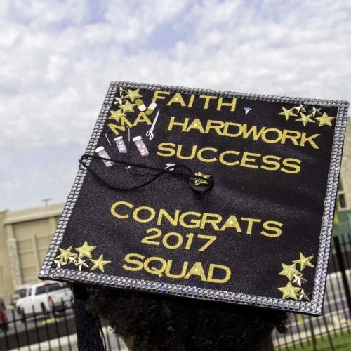 Customized student cap with words "Faith, Hardwork, Success, Congrats 2017 Squad"