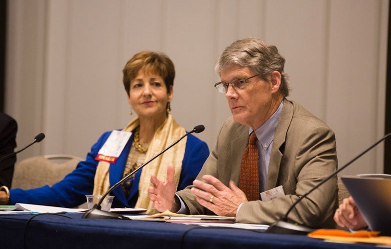 Delaware County Community College President Dr. Jerry Parker, shown with Dr. Cindy Miles, chancellor of the Grossmont-Cuyamaca Community College District, participates as a panelist at the U.S. News STEM Solutions Conference in San Diego, California.