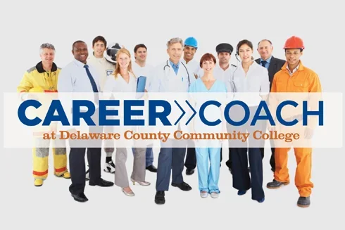 Group of professionals from various career fields, including healthcare, construction, and public service, standing together to represent career opportunities offered through the Career Coach program at Delaware County Community College.