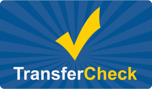 Blue and yellow logo for Transfer Check featuring a yellow checkmark and rays emanating from the center.