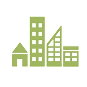 Green icon of buildings representing a city or community.