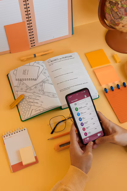 A neatly arranged desk with notebooks, a globe, glasses, sticky notes, and a smartphone displaying an app interface, held in a person's hands.