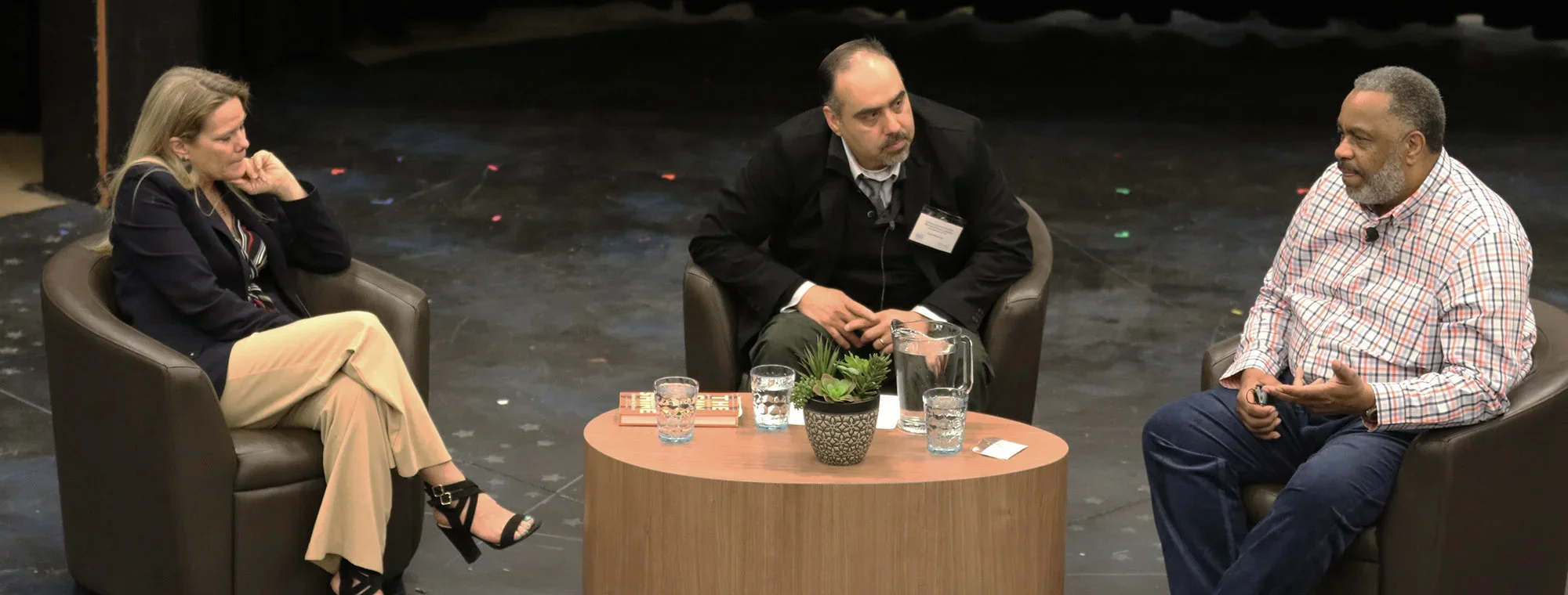 Three individuals engaged in a panel discussion on stage, seated around a small table with water glasses and a plant.