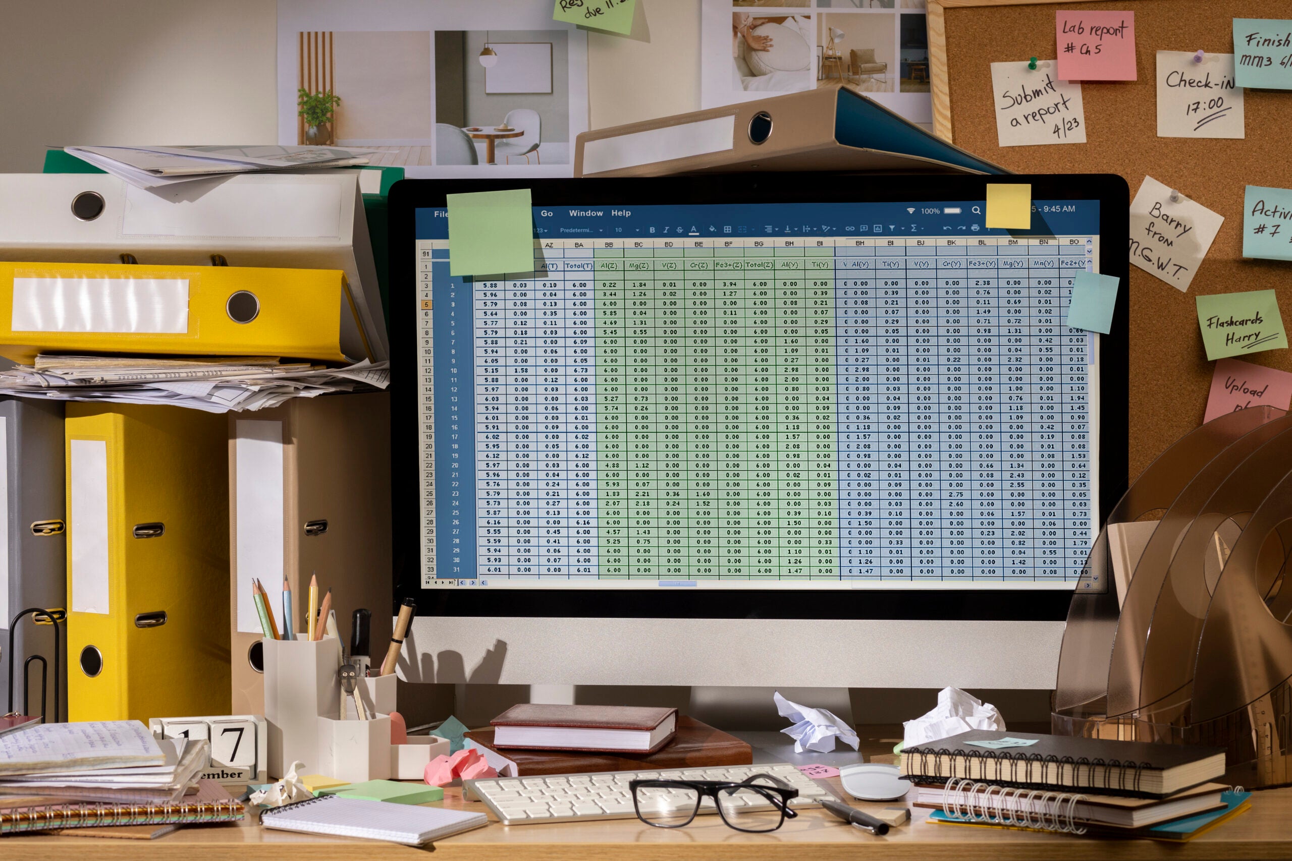 Messy workspace with spreadsheet screen