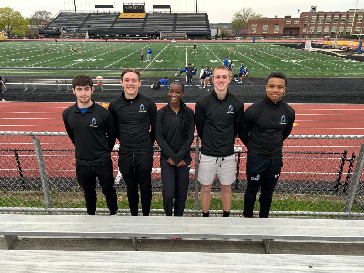 Six DCCC Phantoms Track and Field student-athletes have qualified for the National Junior College Athletic Association Division III Outdoor Track and Field National Meet. (L to R):  Aidan Heppard, Jimmy Love, Fatumata Kaba, Daniel McLaughlin and Fred “Tre” McCray. Not pictured: Daishon Billops. Courtesy DCCC.