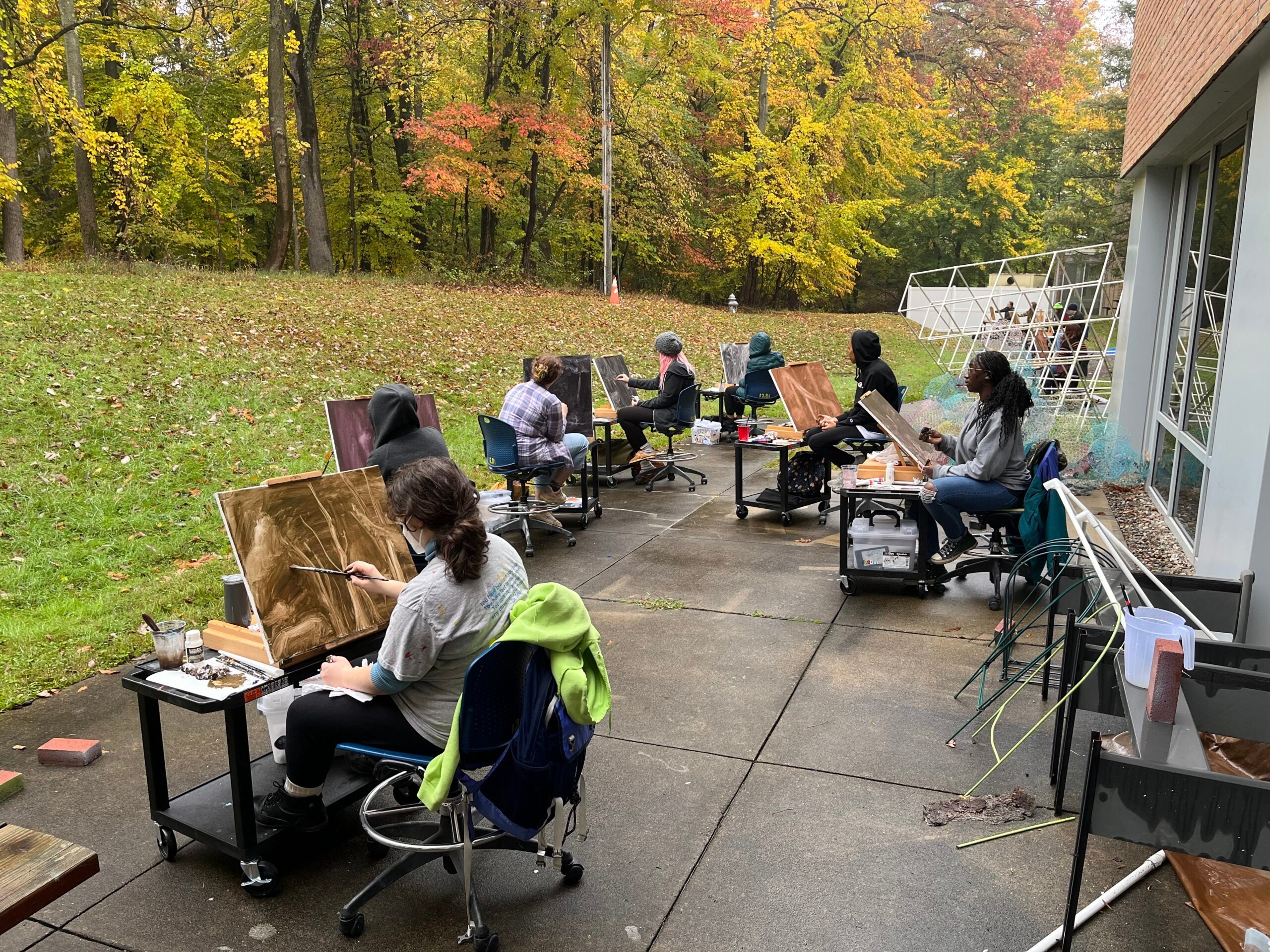 Students sitting outside with easels