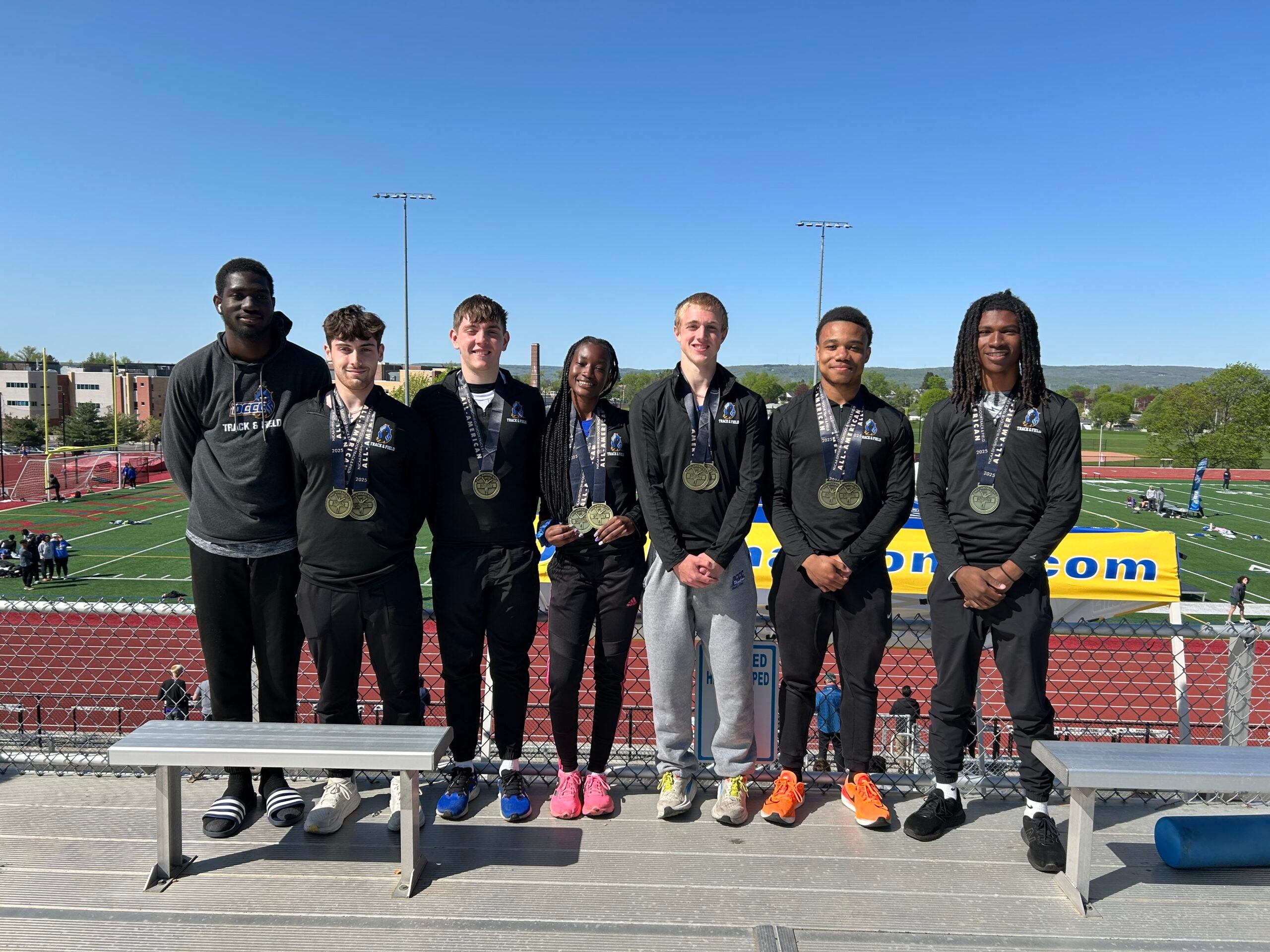 Photo caption: DCCC Phantoms Track and Field athletes (L-to R) Dennis Okane-Nketia (relay alternate), Aidan Heppard, Jimmy Love, Fatumata Kaba, Daniel McLaughlin, Fred “Tre” McCray and Daishon Billops excelled at Nationals. Courtesy DCCC.