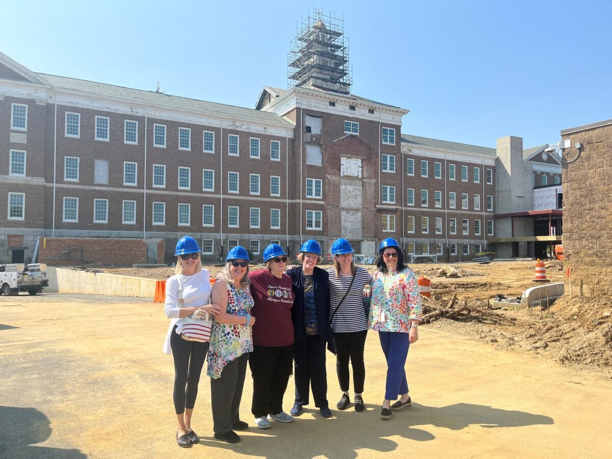 Archbishop Prendergast alumnae (L to R) Linda Bullock ’75, Patti Germanovich ’75, Rita Dowdell ’75, Maureen Inglesby ’67, Lindsay Wolf ‘98 and parent Lynne Dunbar P ’12, ’15 take a tour of the building site.