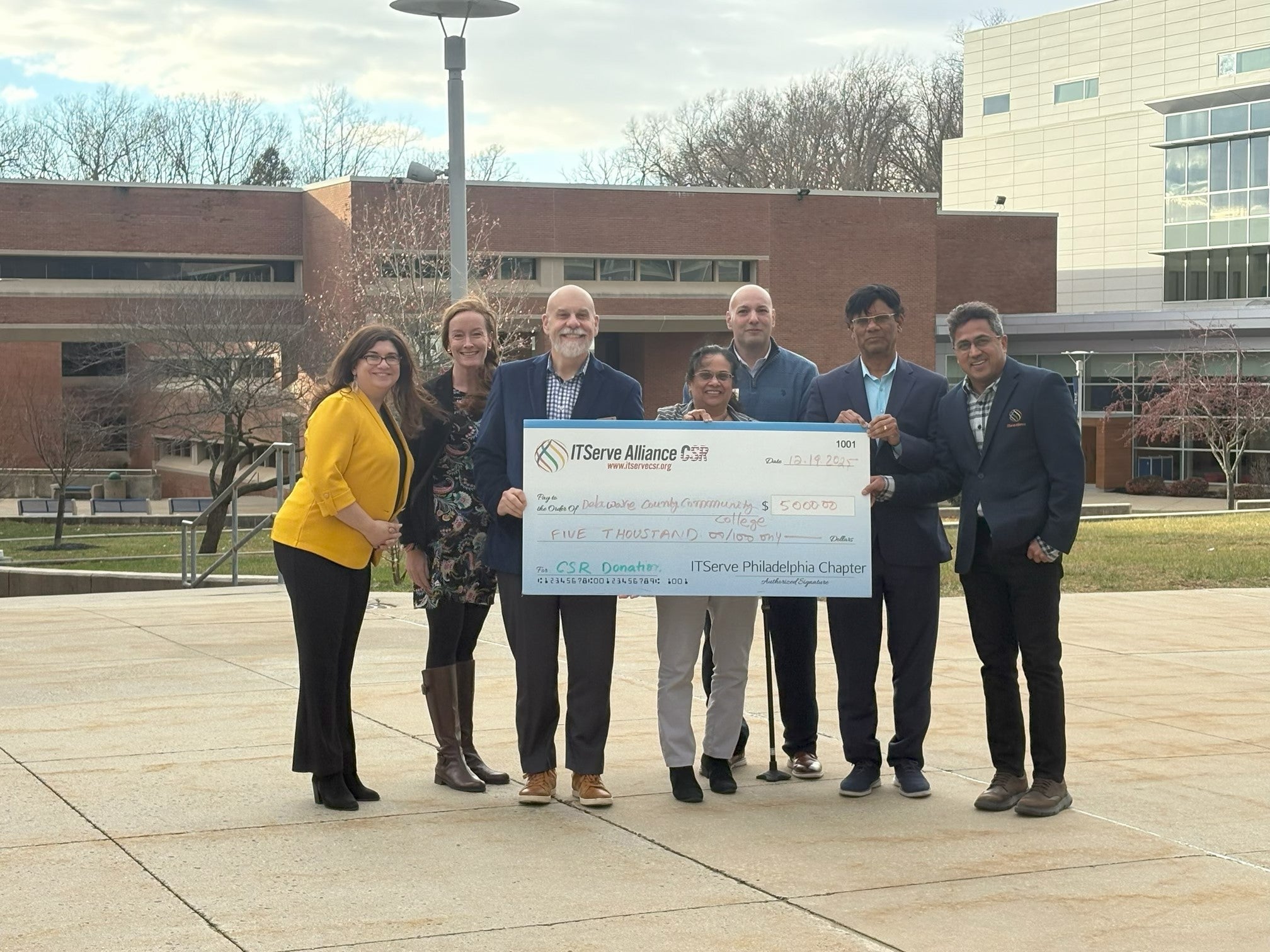 Dr. Erin Gabriele, DCCC’s Director of Student Employment Services; Dr. Laura Chisholm; Richard McFadden, Dr. Umadevi Garimella; Don Albertson, DCCC Director of Alumni Relations and Annual Giving; Sitaram V. Mukkamala; Amar Varada.