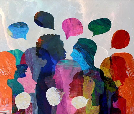 Graphic illustration of diverse group communicating with one another